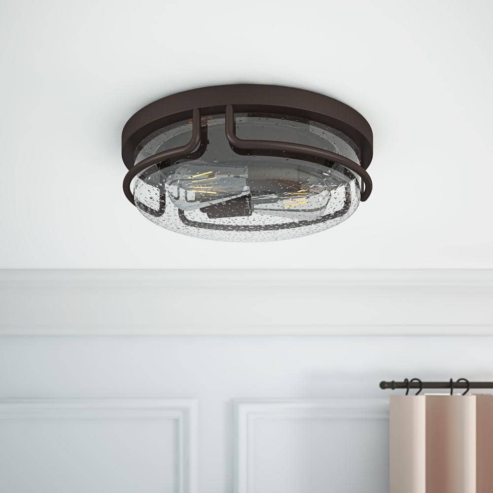 12.79 in. 2-Light Oil Rubbed Bronze Flush Mount Ceiling Light with Seeded Glass Shade Close to Ceiling Lighting Fixture - Hercitys