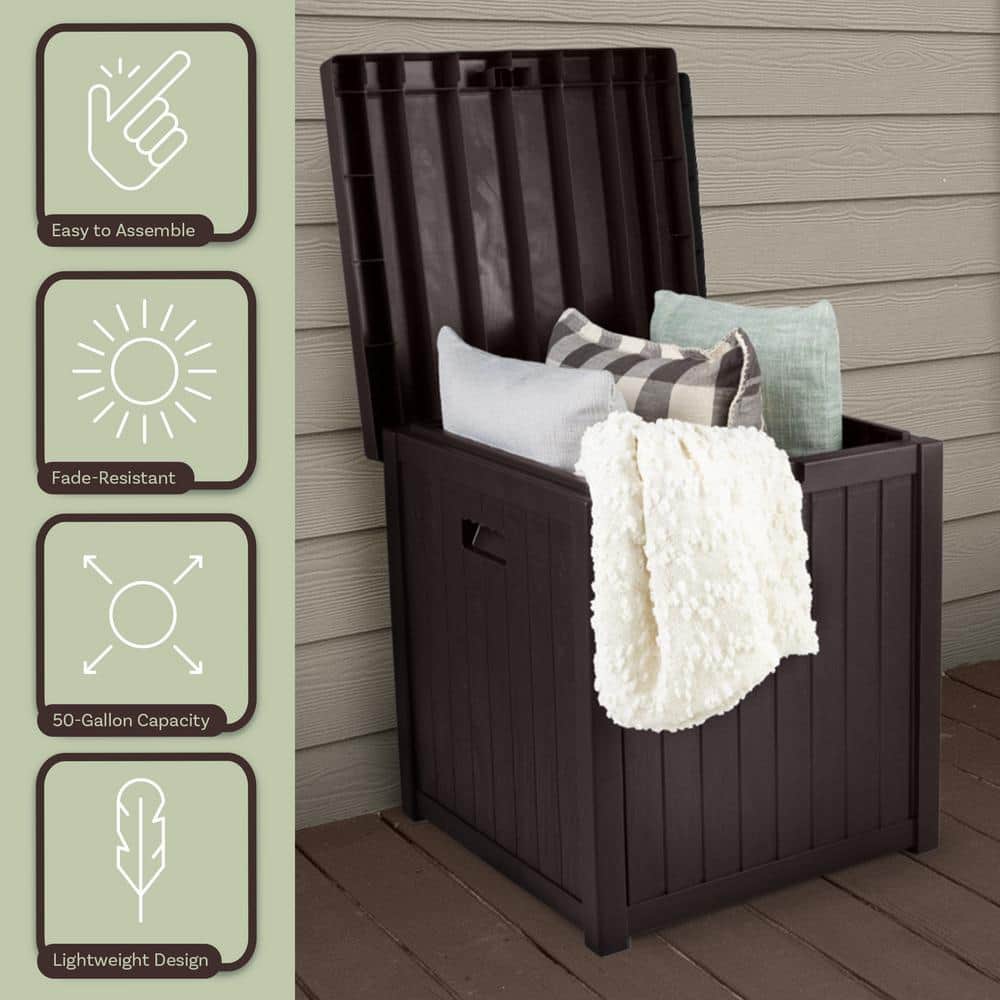 50 Gal . 22 in. L x 22 in. W x 24.4 in. H Fade-Resistant Brown Resin Deck Box - Hercitys