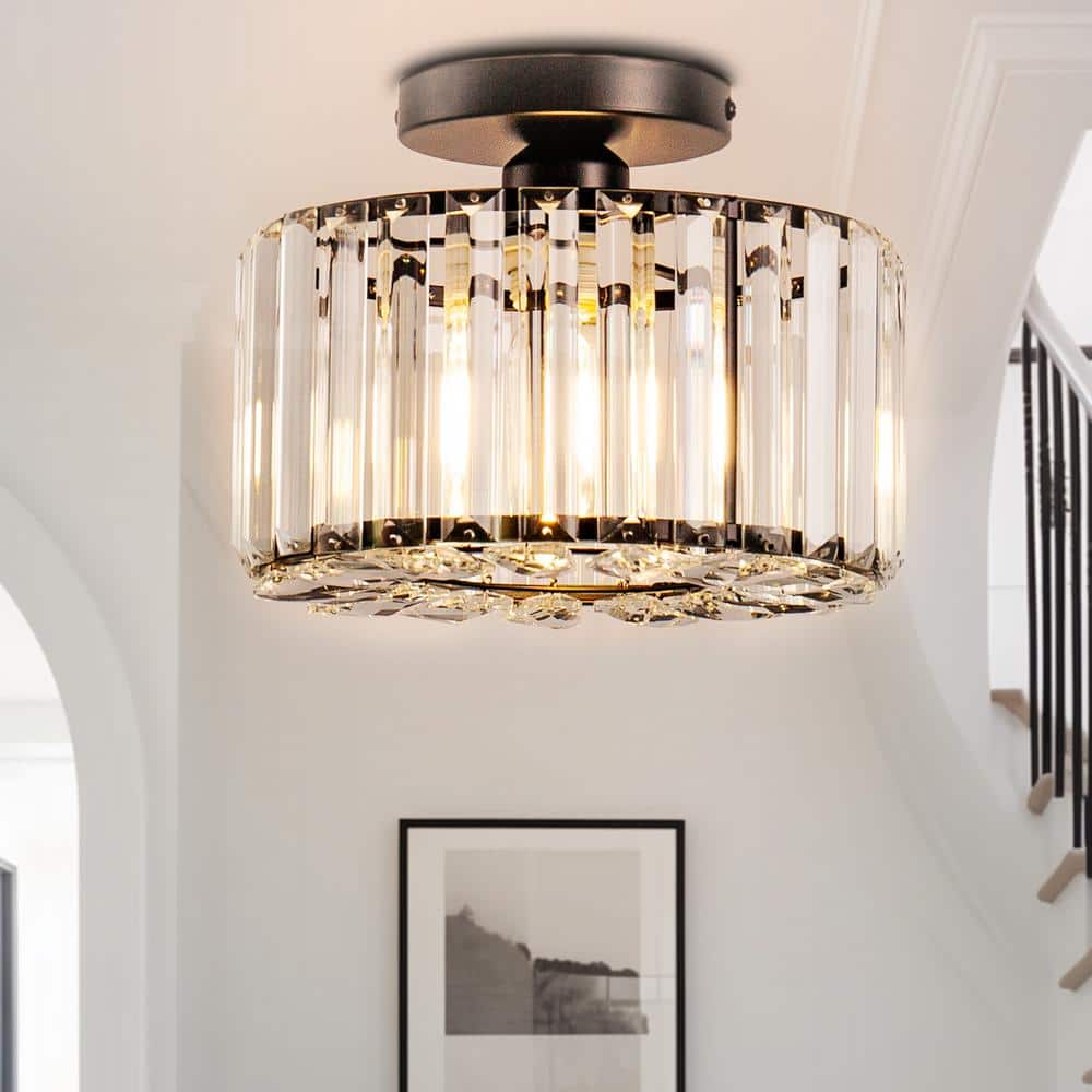 10 in. 1-Light Black Modern Semi-Flush Mount with Crystal Shade and No Bulbs Included - Hercitys