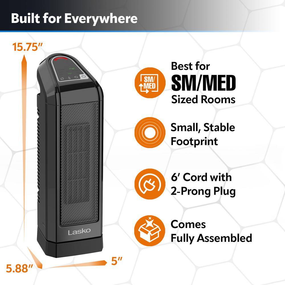 1500-Watt 16 in. Electronic Ceramic Tower Space Heater in Black with Touch Control and Adjustable Thermostat - Hercitys