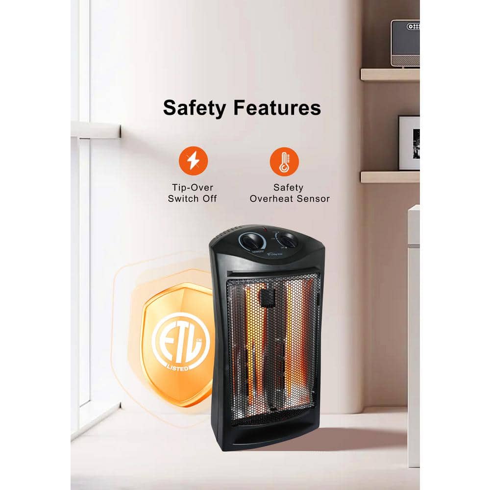 1500-Watt Black Electric Tower Quartz Infrared Space Heater with Thermostat - Hercitys