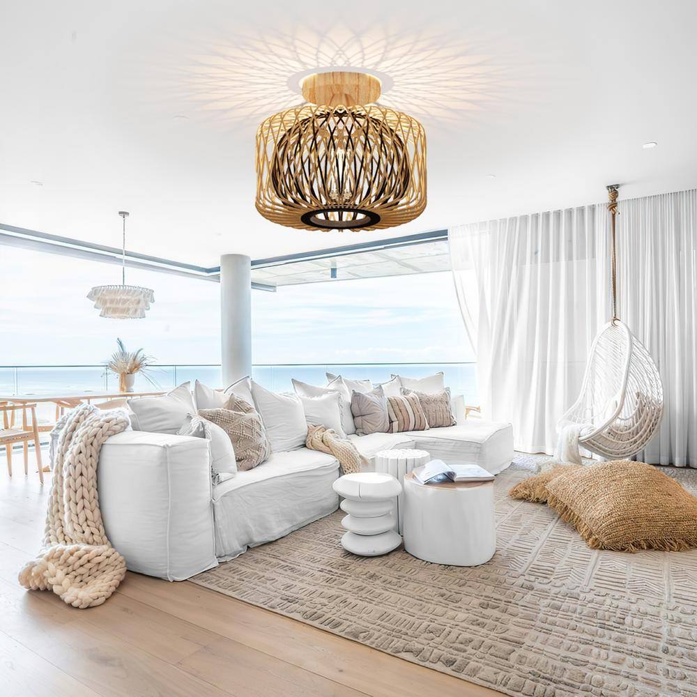 10.4 in. 1-Light Boho Bash Flush Mount with Handcrafted Bamboo Shade, Bulb Not Included, 1 Piece - Hercitys