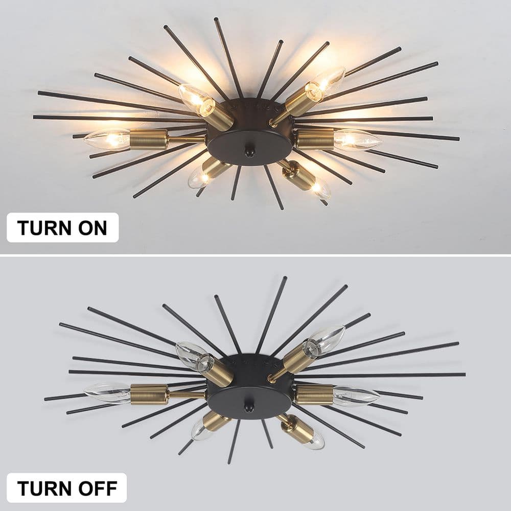 23.82 in. 6-Light Black and Gold Modern Metal Starburst Flush Mount Ceiling Light - Hercitys