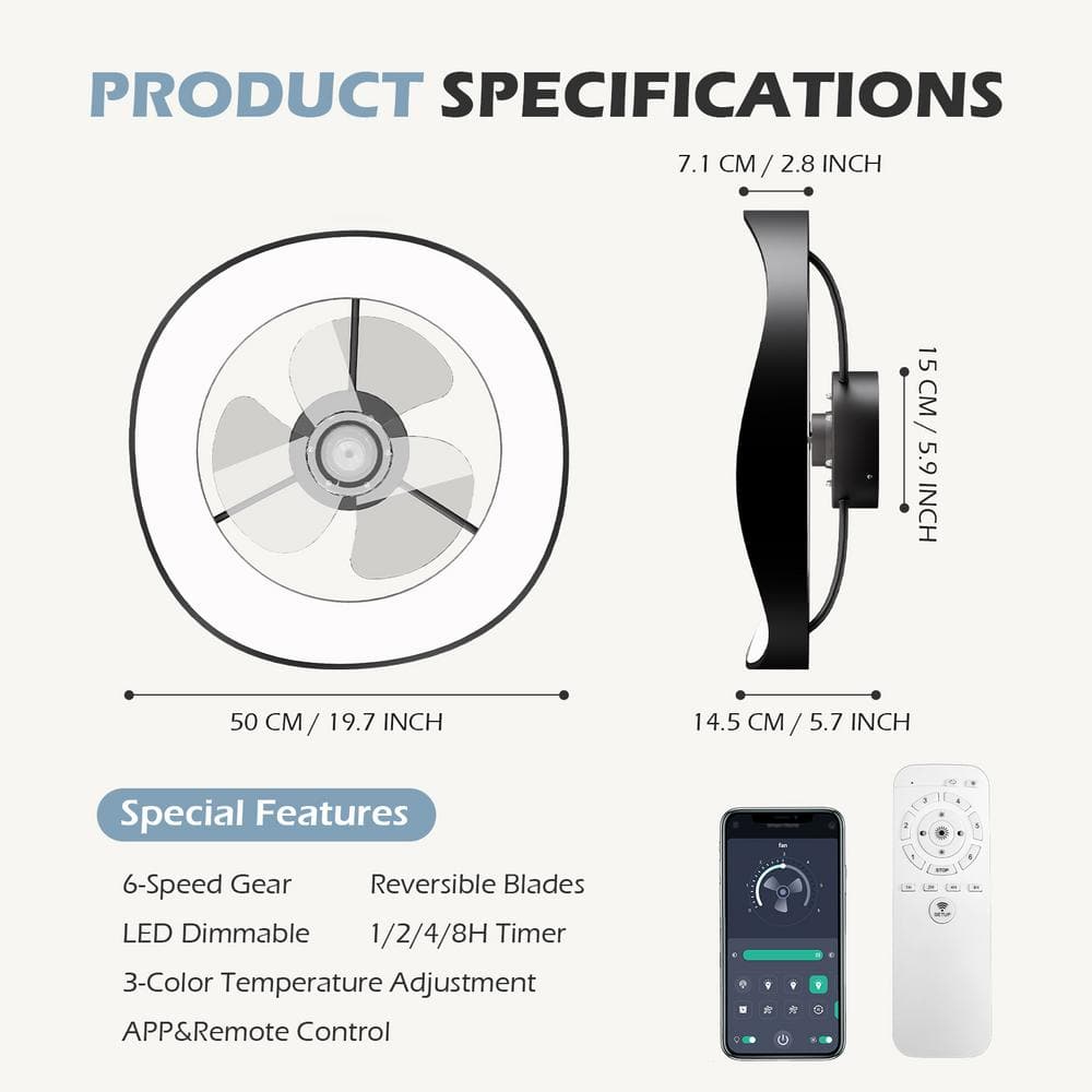 13.39 in. Black Simple Luxury Modern Style LED Recessed Ceiling Fan Light - Hercitys