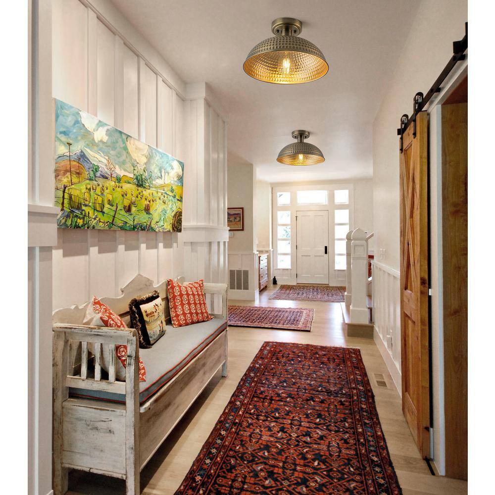 12.2 in. 1-Light Antique Brass Semi-Flush Mount Ceiling Light with Dome Metal Shade - Hercitys