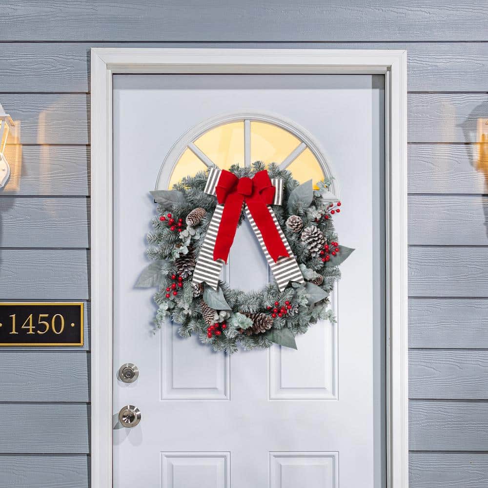 24 in. Snowy Pine Artificial Christmas Wreath with Red Berries Cone and Red Bow - Hercitys