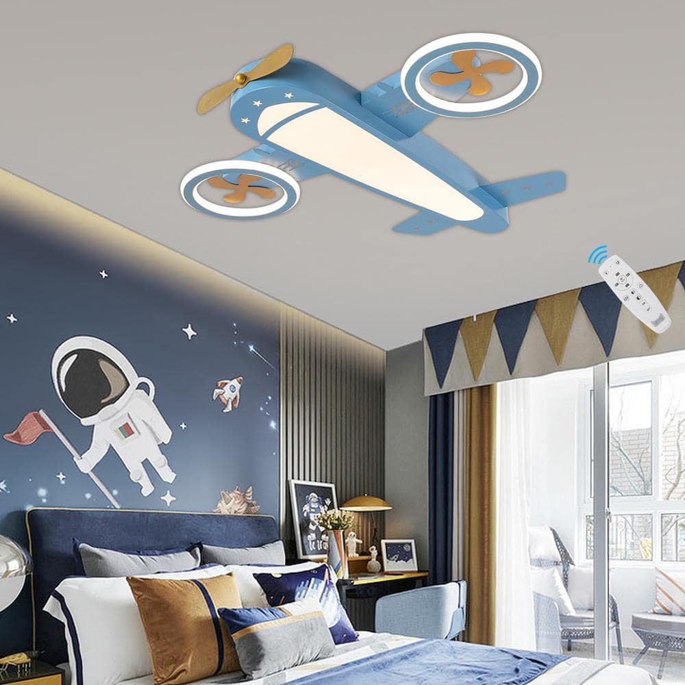 23.62 in. Blue and Gold Creative Airplane-Shaped Dimmable Flush Mount Ceiling Light with Remote and Integrated LED Light - Hercitys