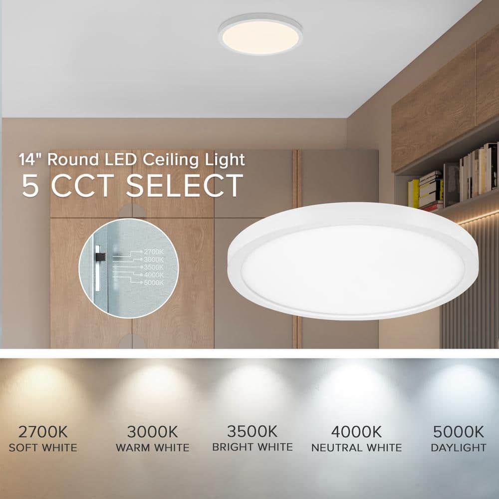 14 in. LED Flush Mount Ceiling Light, 5 CCT 2700K-5000K, 2500 Lumens - Hercitys