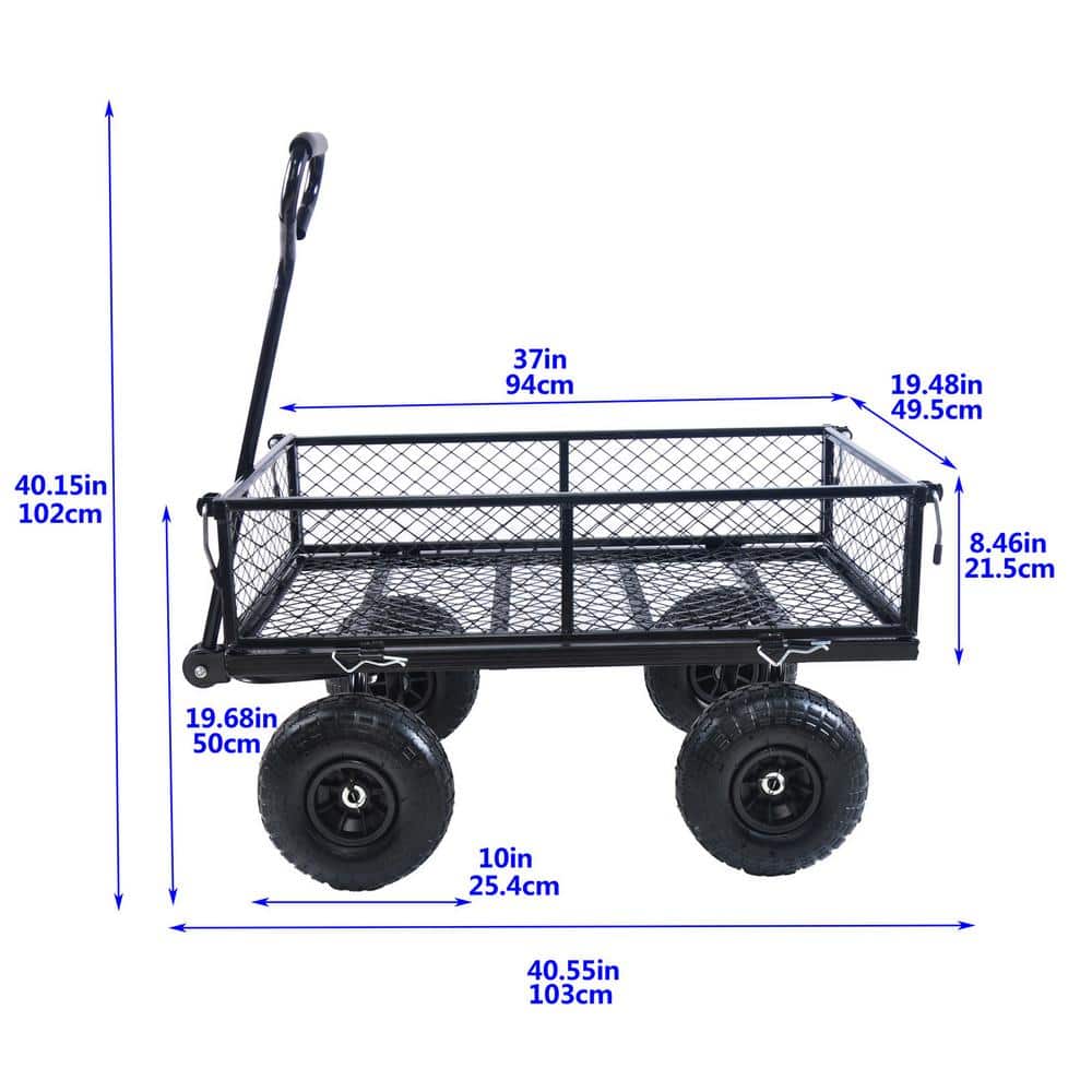 3.44 cu. ft. Steel Black Garden Cart Removable Sides with Shovel, 550 lbs. Capacity - Hercitys