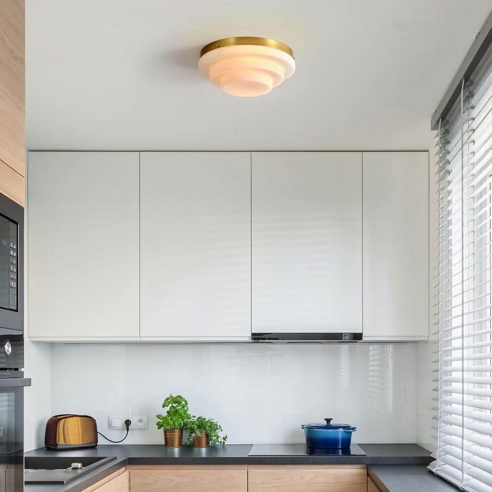 11.81 in. 2-Light Matte Brass Flush Mount Ceiling Light with Tiered Milk Glass Shade - Hercitys