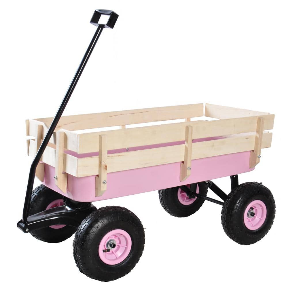 3 cu. ft. Steel Wagon Garden Cart 176 lbs. Load with Wood Railing Children Kid for Christmas Outdoor Camping, Pink - Hercitys