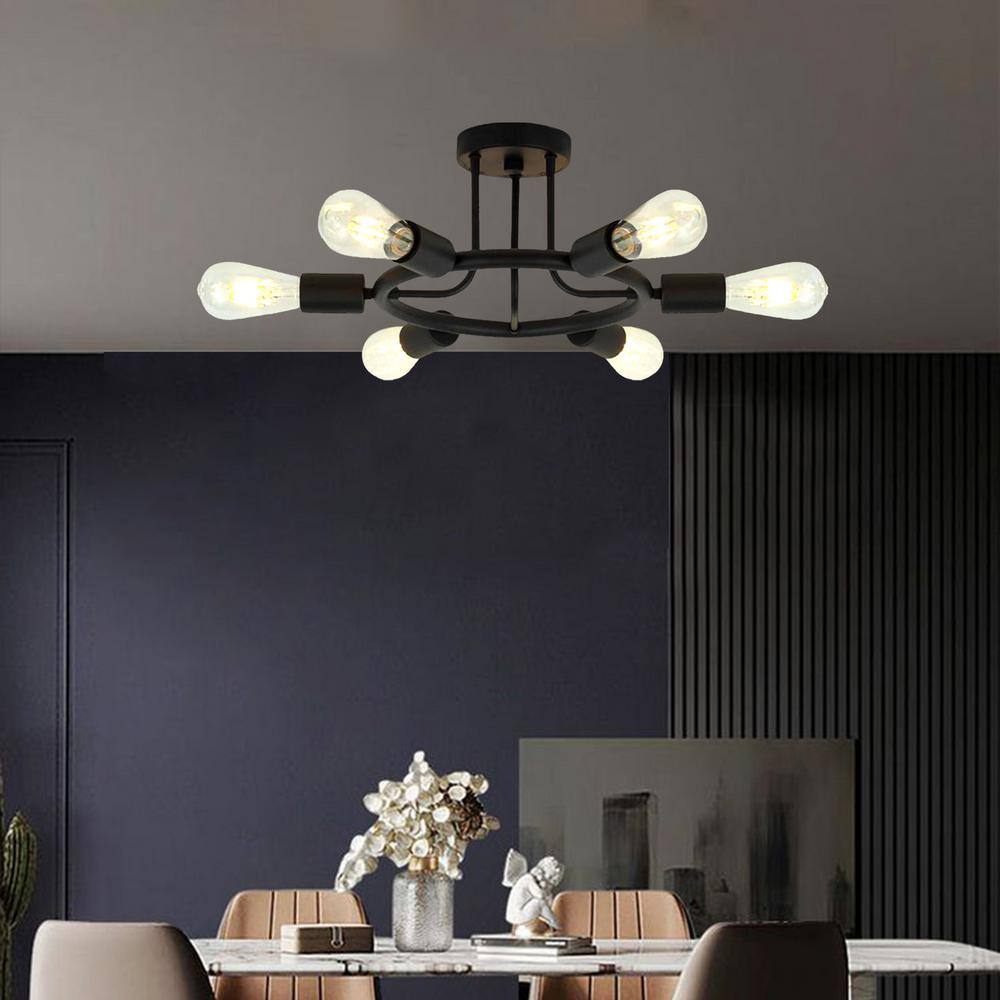 26 in. 6-Light Black Modern Sputnik Lights Semi- Flush Mount Ceiling Light - Hercitys
