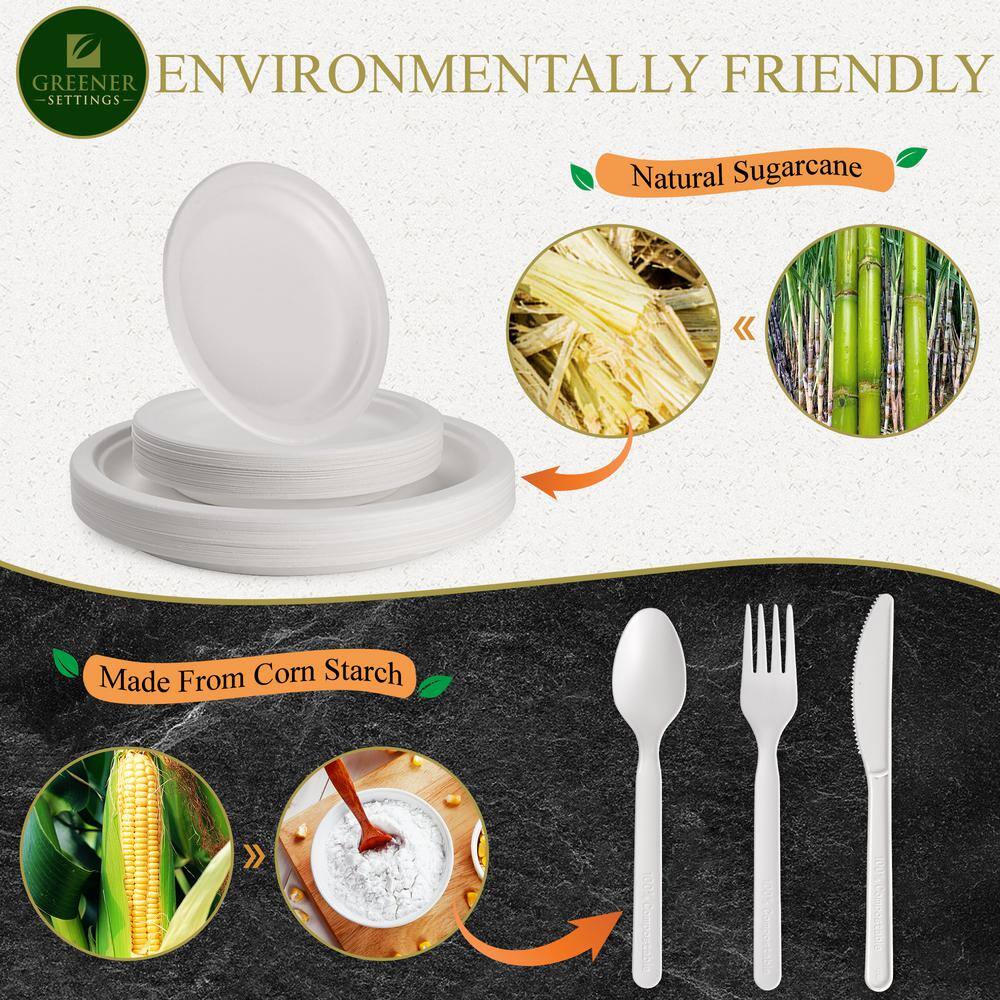 10/7 in. White Compostable Disposable Paper Plate Set Plus Cutlery [25 Guest Service] - Hercitys