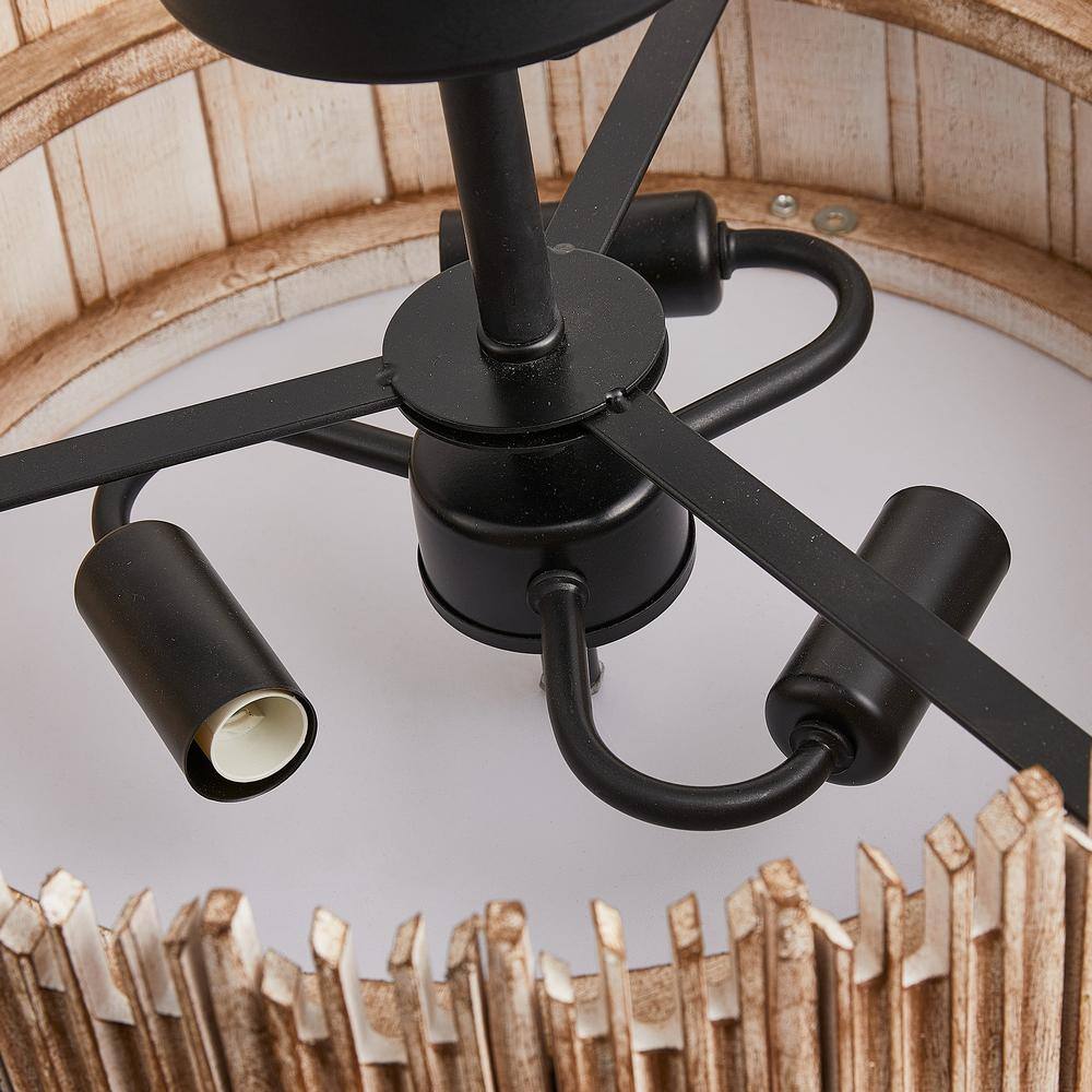 15.5 in. 3-Light Black Farmhouse Semi-Flush Mount With Wood Shade - Hercitys