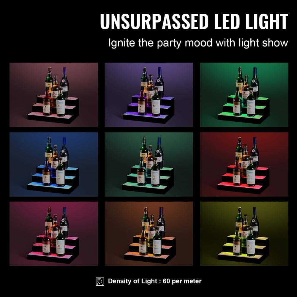 3-Tier 16 in. LED Lighted Liquor Bottle Display 33-Bottle Multi-Colored Acrylic Drink Shelf 11.93 in. W x 7.01 in. H - Hercitys