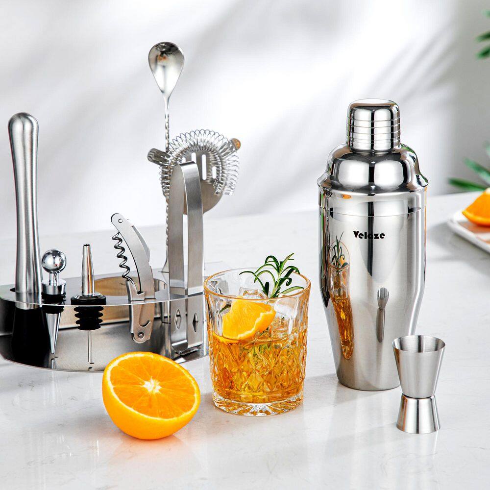 10-Piece Silver Stainless Steel Cocktail Shaker Set Cocktail Shaker 850ml with Pourer Stopper Muddler Mixing Spoon etc. - Hercitys