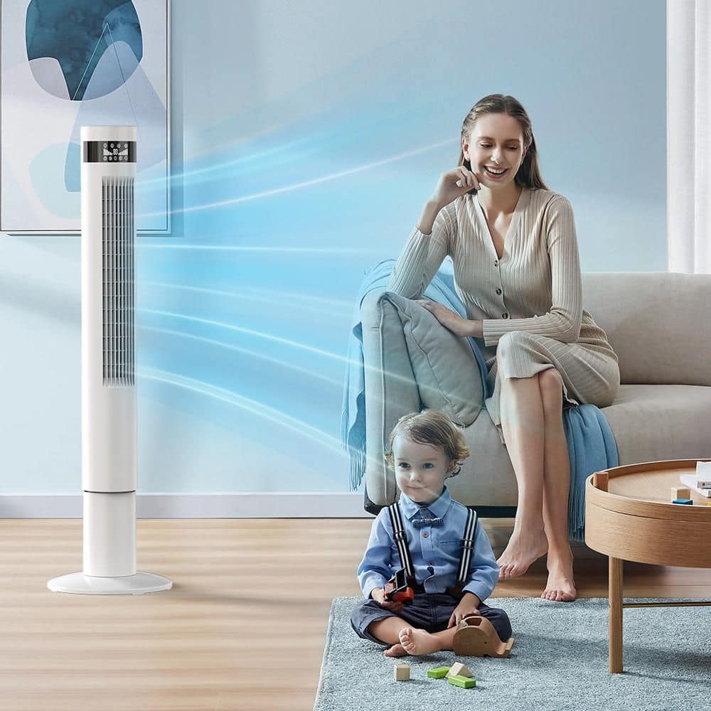 43.31 in. 3-Speeds 90° Oscillating Tower Fan with LED Display and Remote Control in White - Hercitys