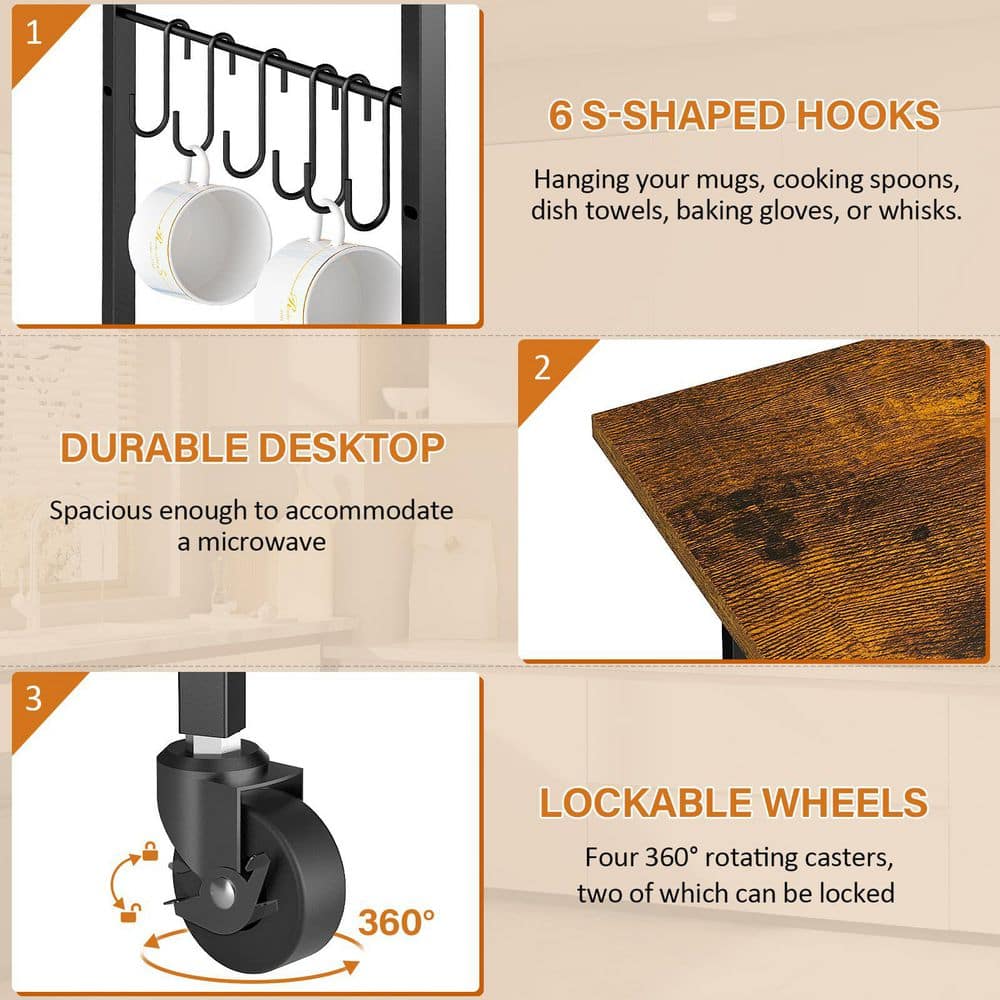 3-Tier Black and Brown Rolling Kitchen Microwave Cart with Wheels and Hooks, Microwave Table Stand with Adjustable Shelf - Hercitys