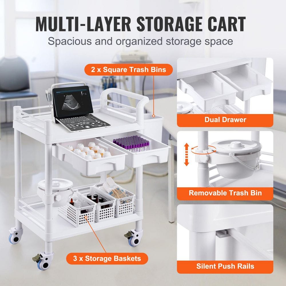 2 Tiers Lab Carts, Mobile Medical Cart with PP Material, 2 Drawers & 4 Silent Wheels, White Plastic Kitchen Cart - Hercitys