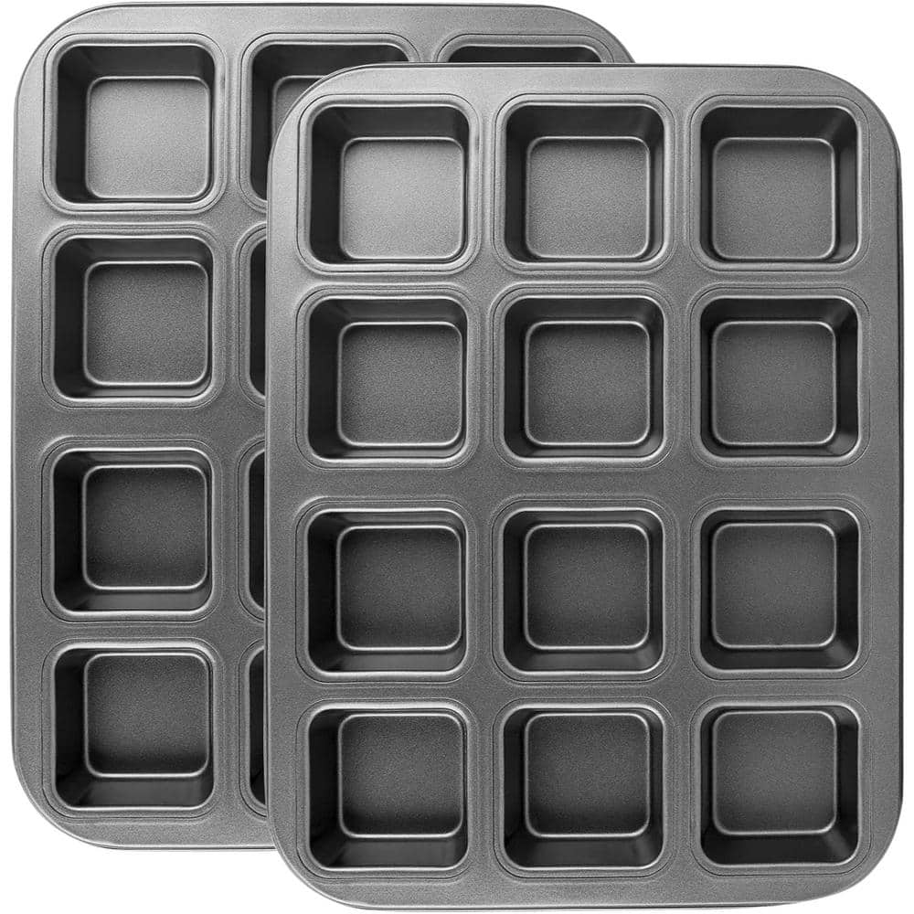 2-Piece Black Square Cupcake Brownie Pans, 12-Mini Cavity Non Stick Baking Pan, Bakeware Set with Dividers - Hercitys