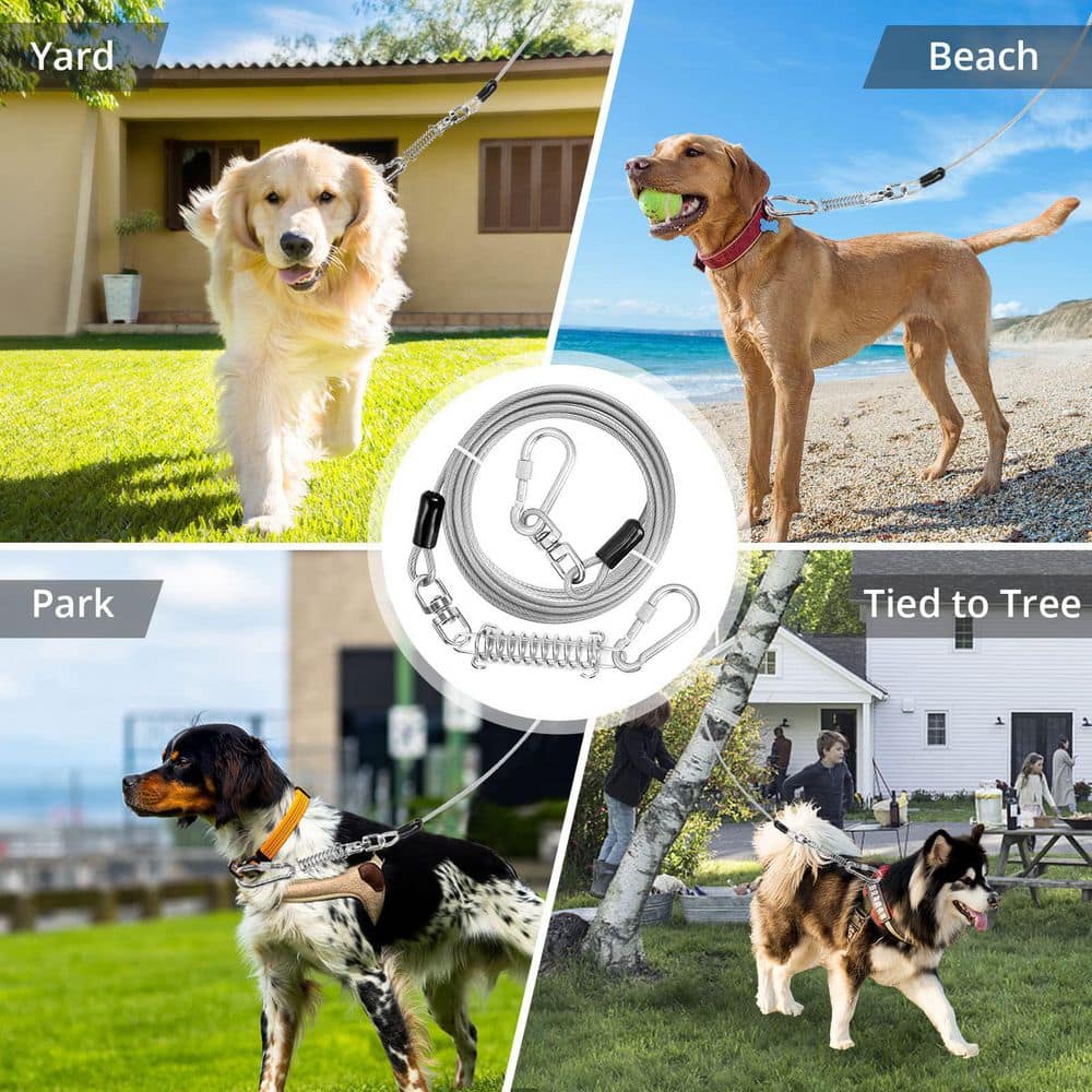 15 ft. Dog Leash Runner Cable with Swivel Hook and Shock Spring for Yard and Camping, White - Hercitys