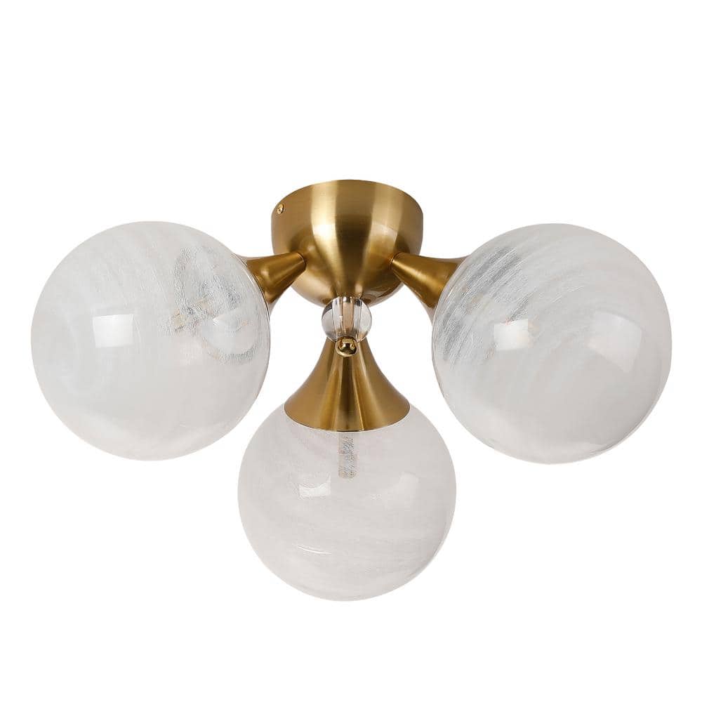 18 in. 3-Light Brass Triple Semi-Flush Mount with White Bubble Glass Shade and No Bulbs Included - Hercitys