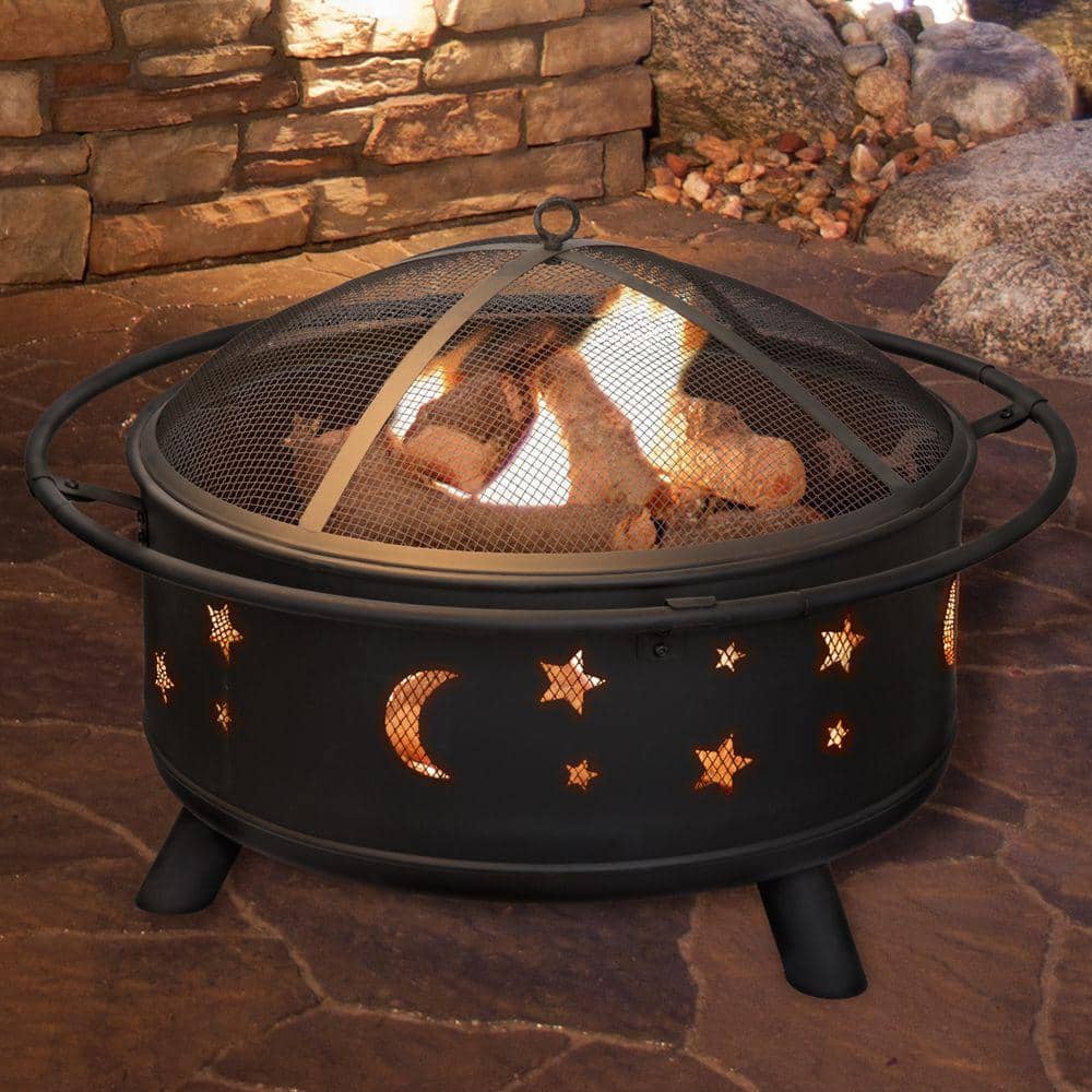30 in. Round Steel Star and Moon Firepit with Cover - Hercitys