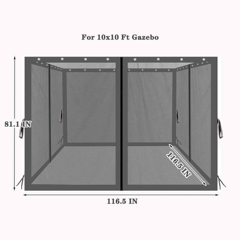 10×10 Ft Black Polyester Gazebo Replacement Mosquito Netting with Zippers, 4-Side Mesh Walls for Patio Gazebos - Hercitys