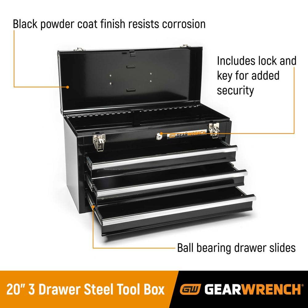 20 in Black Powder Coated Steel 3-Drawer Portable Locking Tool Box - Hercitys