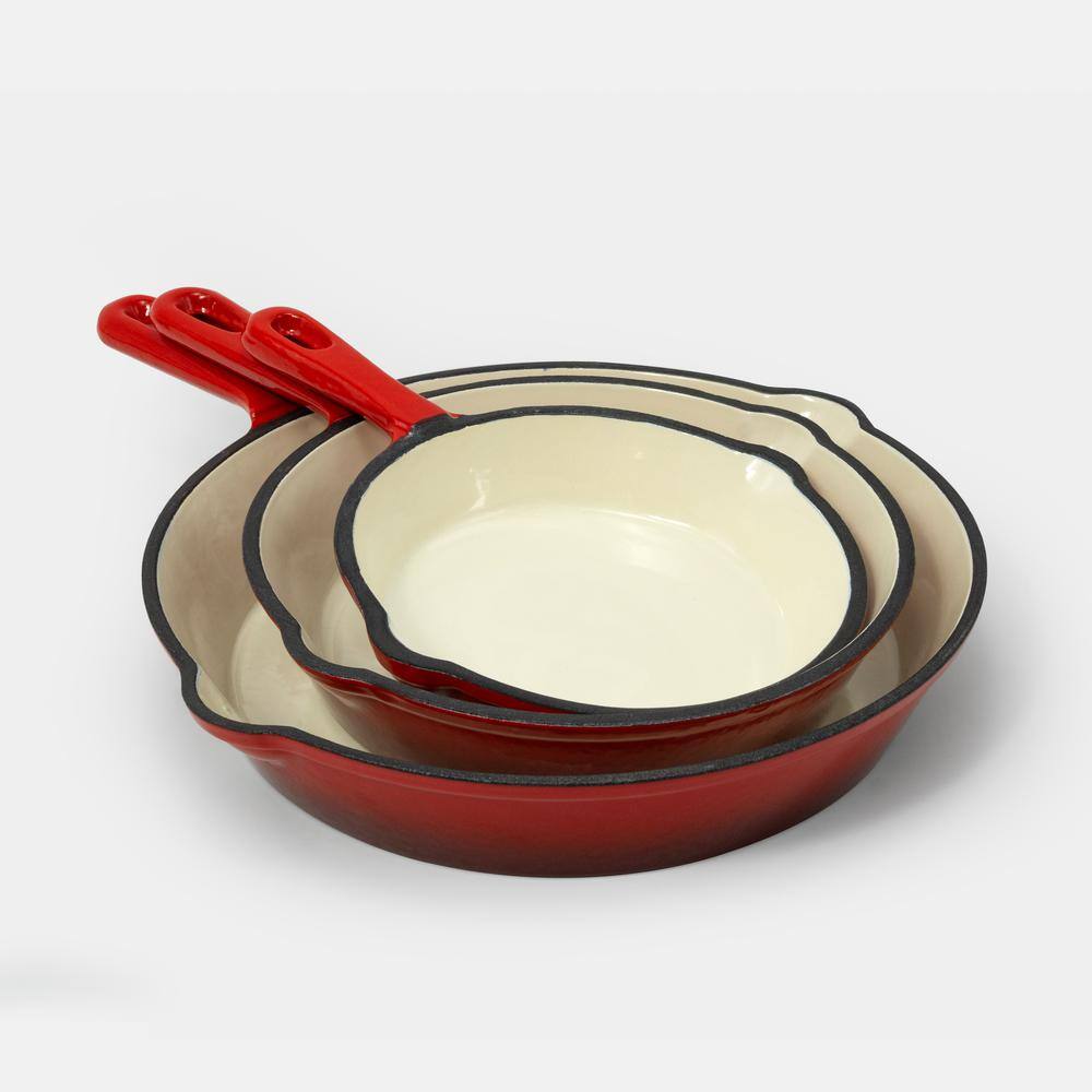 3-Piece Cast Iron Skillet Set with Red Enamel Coating - Hercitys