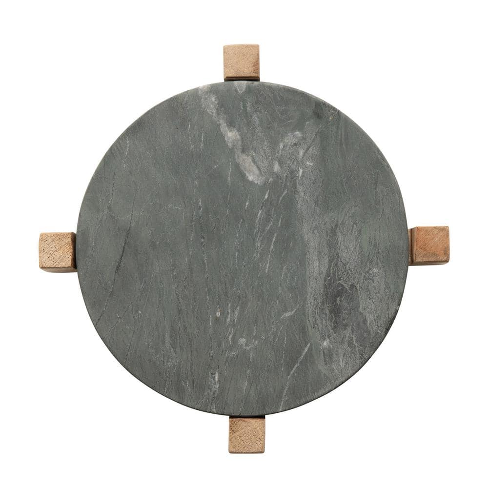 13 in. Gray Marble Platter with Mango Wood Stand - Hercitys