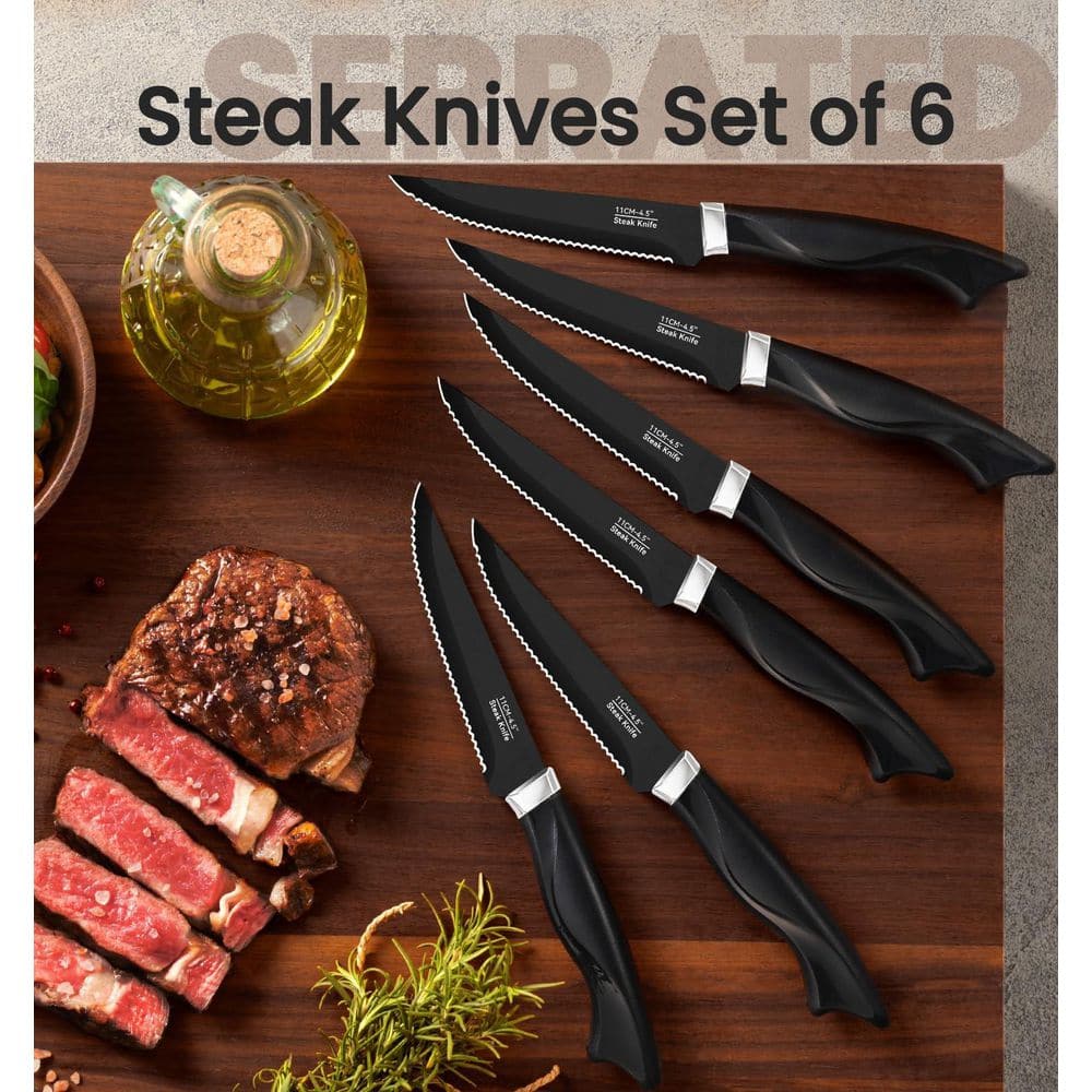 15-Piece German High Carbon Stainless Steel Knife Block Set in Black with Build-in Knife Shapener, Dishwasher Safe - Hercitys