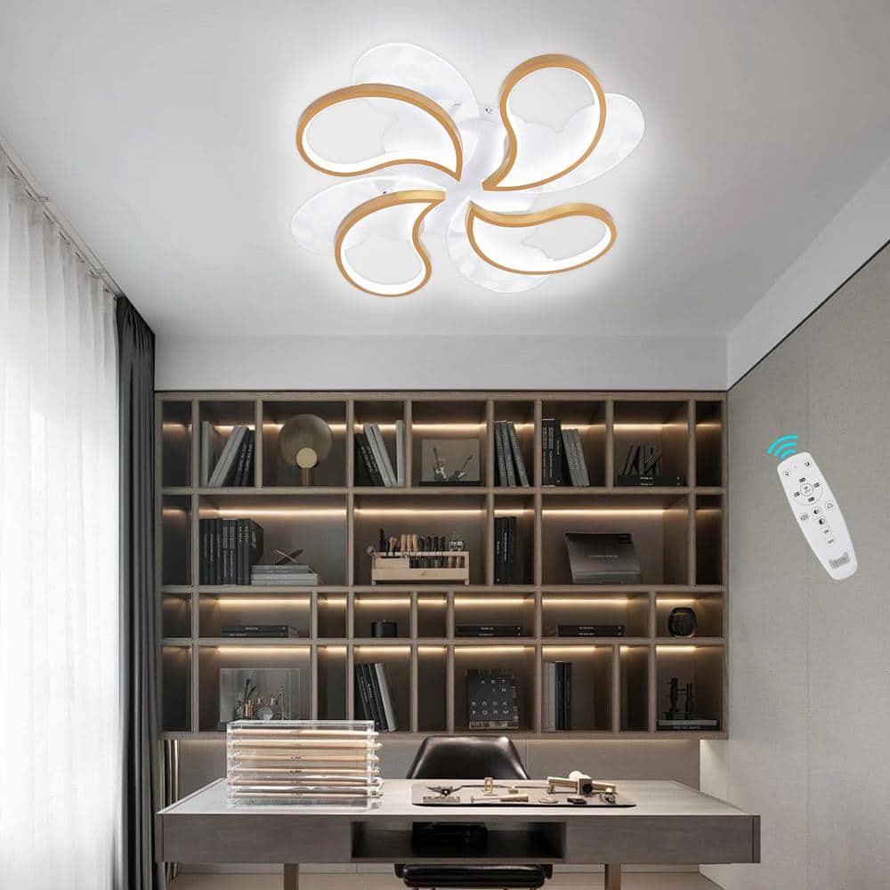 19.68 in. 1-Light Gold and White Modern Petal-Shaped Dimmable Selectable LED Semi-Flush Mount Ceiling Light with Remote - Hercitys