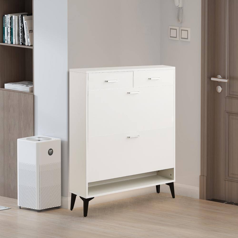 31.49 in. x 9.44 in. x 42.12 in. Freestanding Flip-Flop Shoe Cabinet in White MDF with 2 Flip-Flop-Drawers and 2-Drawers - Hercitys