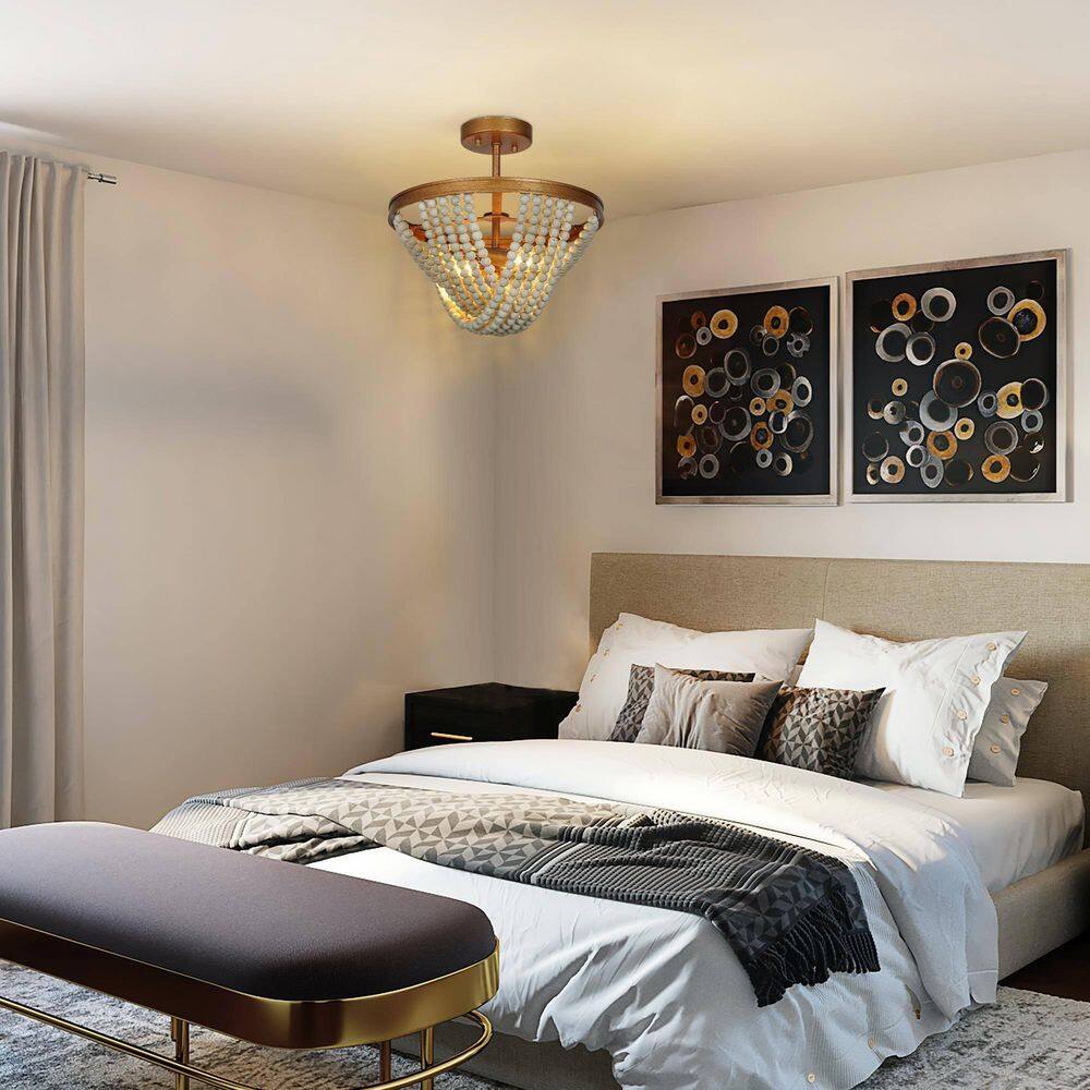 13.8 in. 2-Light Antique Gold Semi-Flush Mount Light with Weathered White Wood Beads - Hercitys