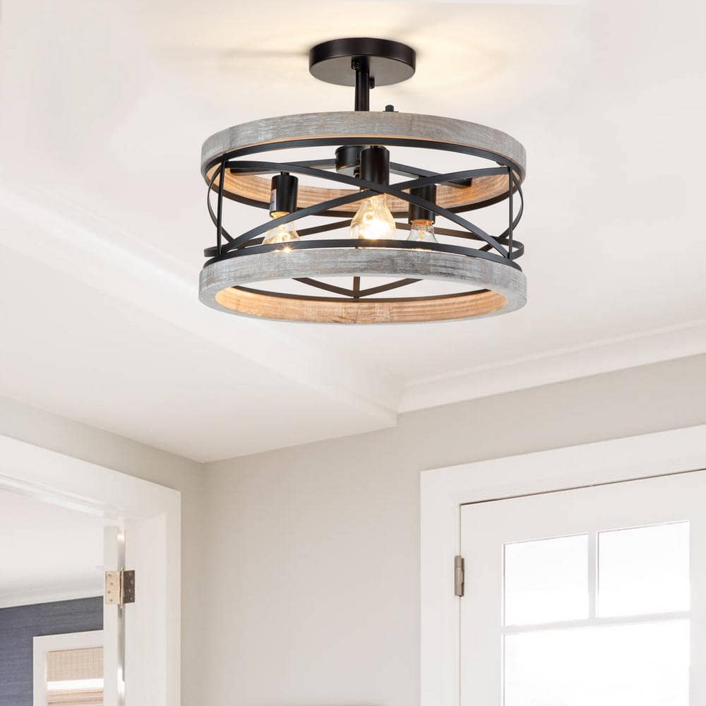 17.25 in. 3-Light Black Semi-Flush Mount with Wood Accent - Hercitys