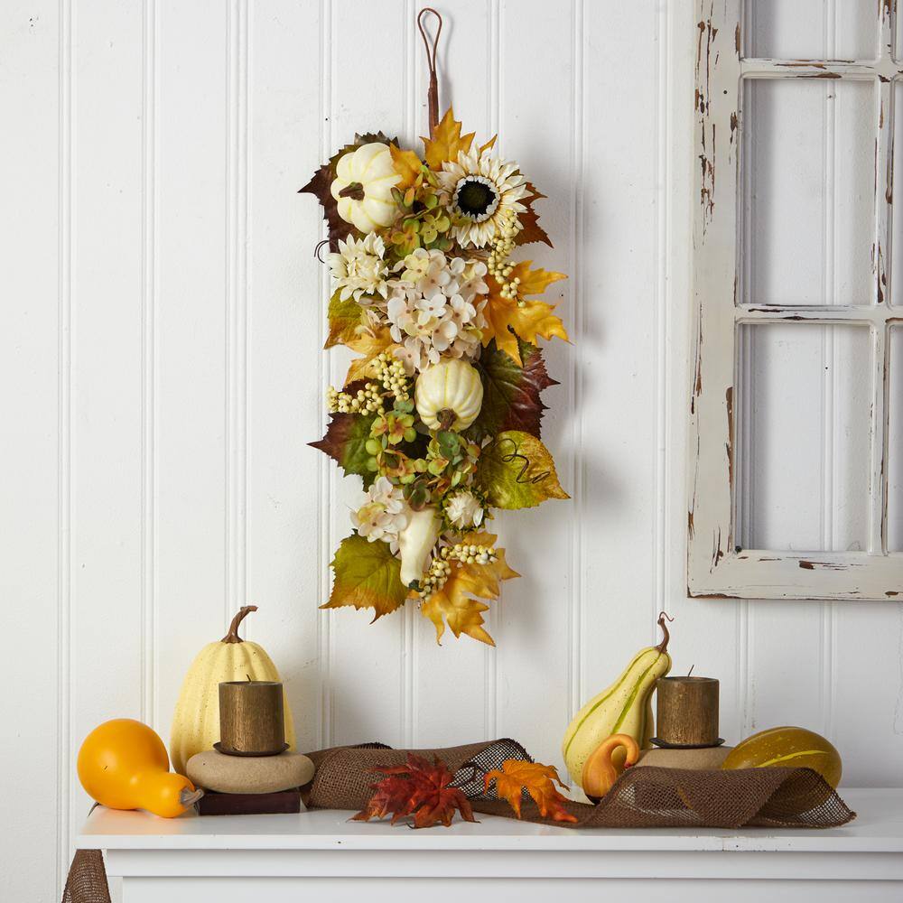 33 in. Green Fall Sunflower, Hydrangea and White Pumpkin Artificial Autumn Teardrop - Hercitys