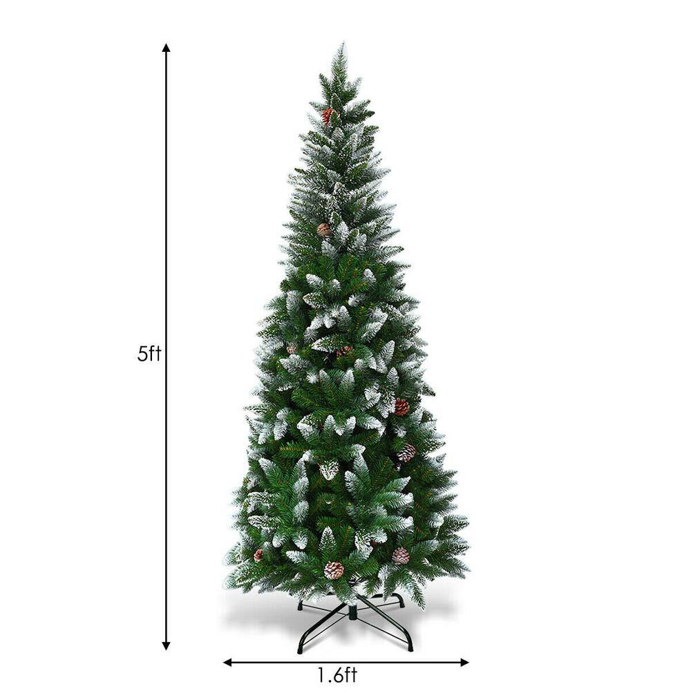 5 ft. Green and White Unlit Snow Flocked Artificial Christmas Tree Pencil with Hinged Pine Cones - Hercitys