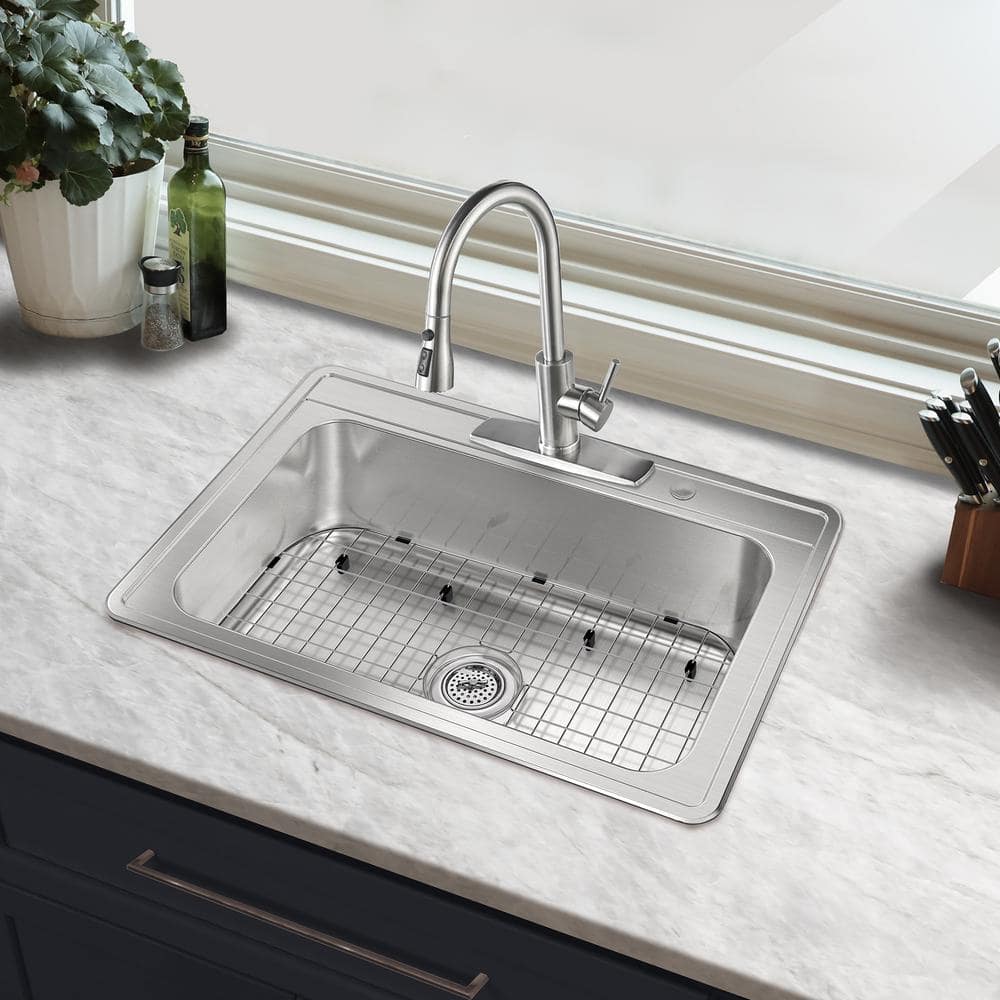 33 in. Drop-In Single Bowl 20-Gauge Stainless Steel Kitchen Sink with Bottom Grid - Hercitys