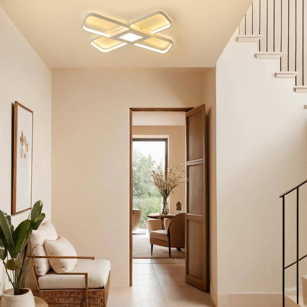 25 in. Modern Rectangle White Dimmable Integrated LED Novel Geometric Overlay Flush Mount Ceiling Light with Remote - Hercitys