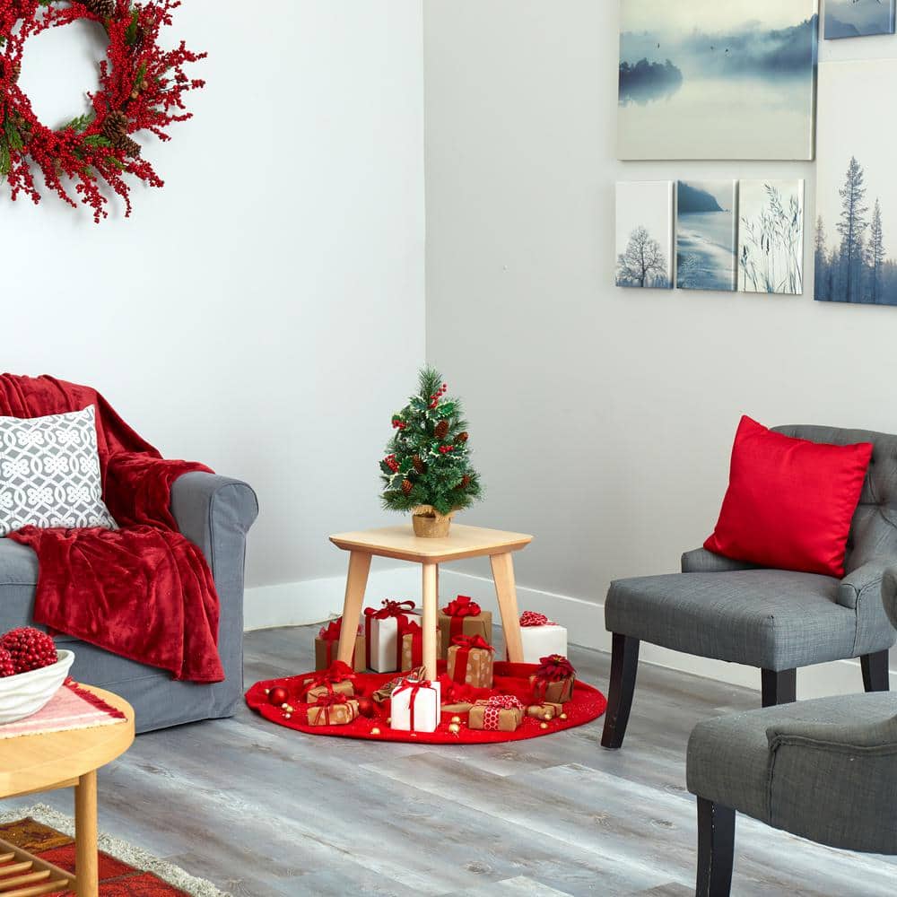 18 in. Battery Operated Pre-Lit Mixed Pine Artificial Christmas Tree, Holly Berries, Pinecones, 35 Clear LED Lights - Hercitys