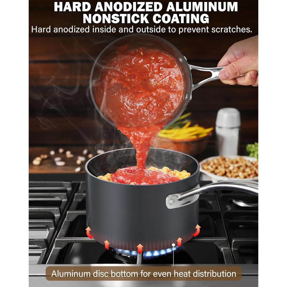 3 qt. Hard-Anodized Aluminum Nonstick Sauce Pan in Black with Glass Lid - Hercitys
