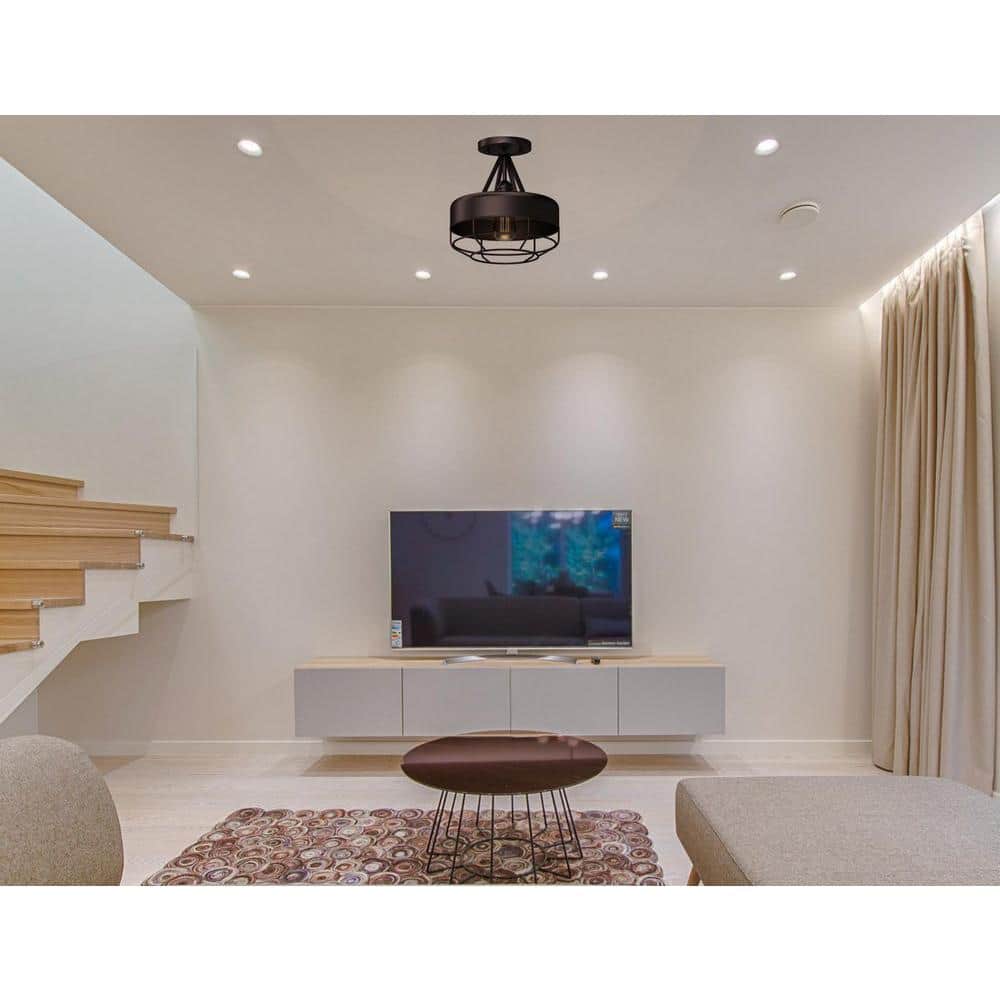 12 in. W x 12 in. H 1-Light Indoor Antique Bronze Industrial Semi-Flush Mount Ceiling Light Fixture with Wired Bowl - Hercitys