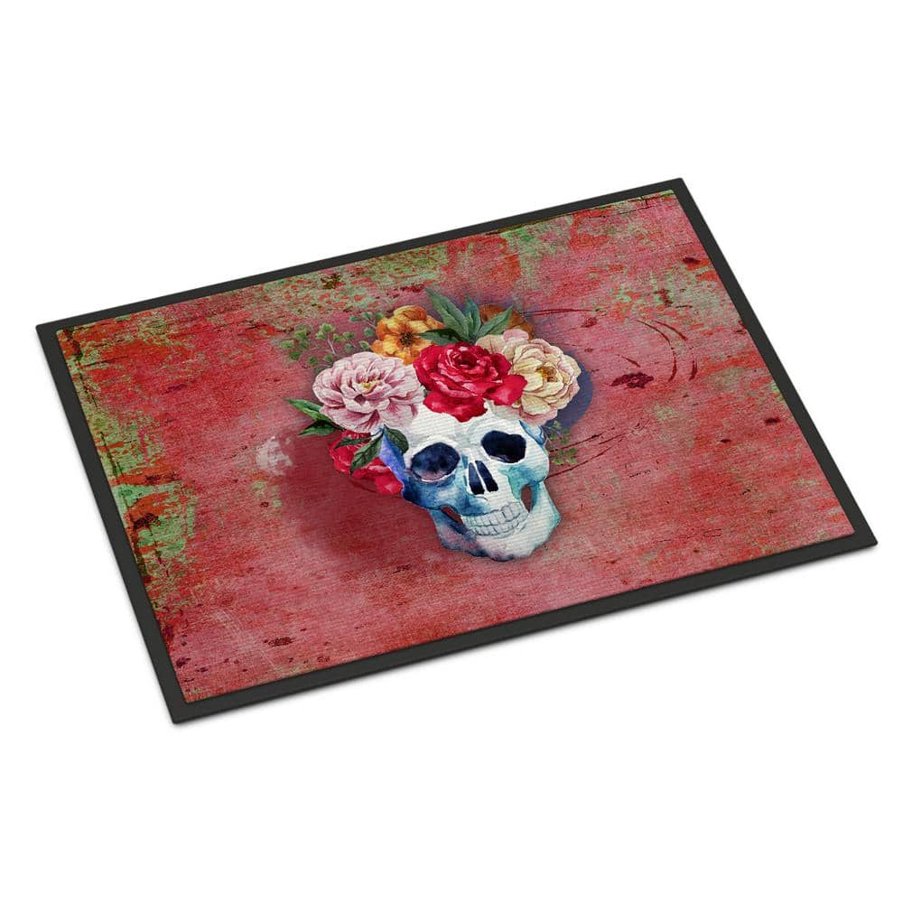 24 in. x 36 in. Indoor/Outdoor Day of The Dead Red Flowers Skull Door Mat - Hercitys