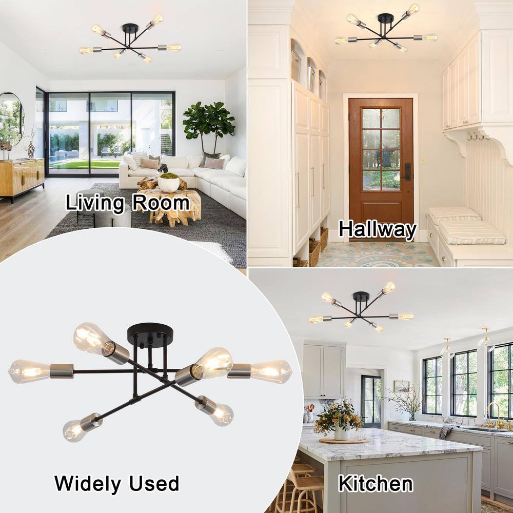 20.66 in. 6-Light Black and Nickel Sputnik Modern Semi-Flush Mount Ceiling Light - Hercitys
