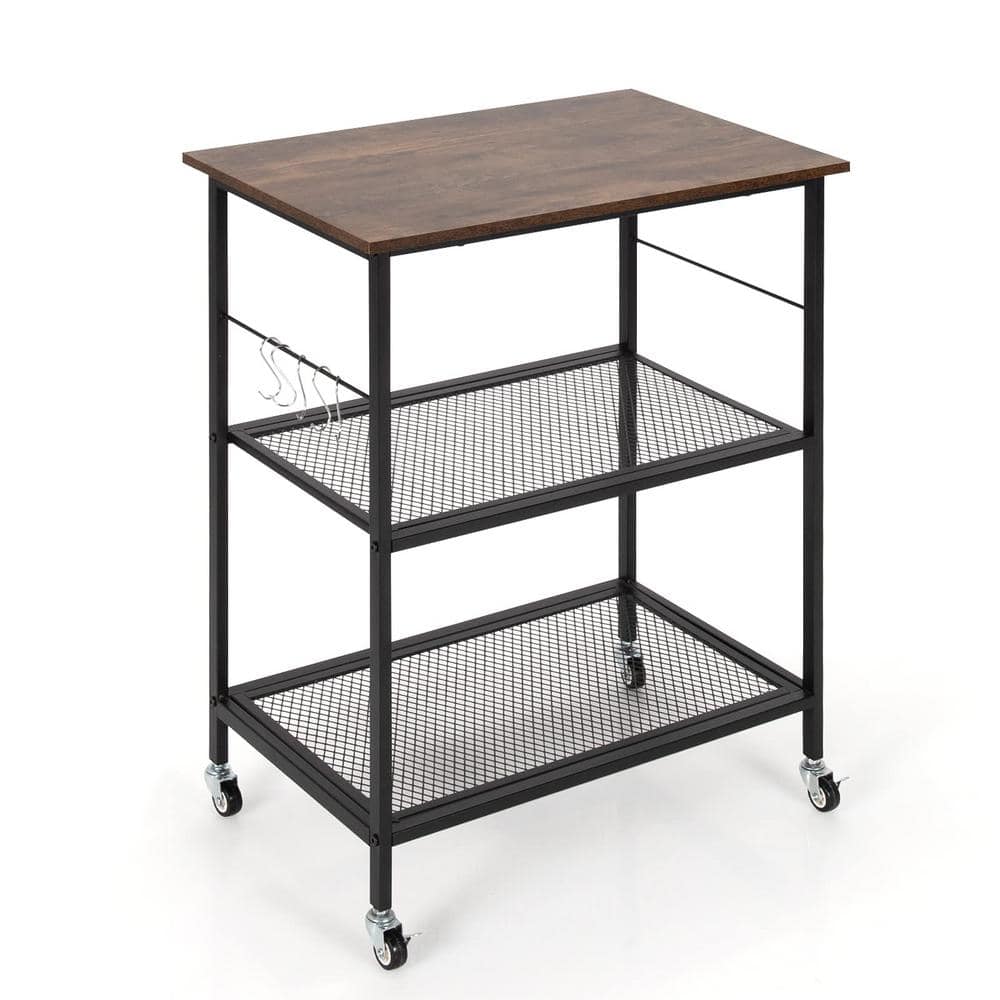 3-Tier Brown Kitchen Serving Cart Utility Standing Microwave Rack with Hooks - Hercitys