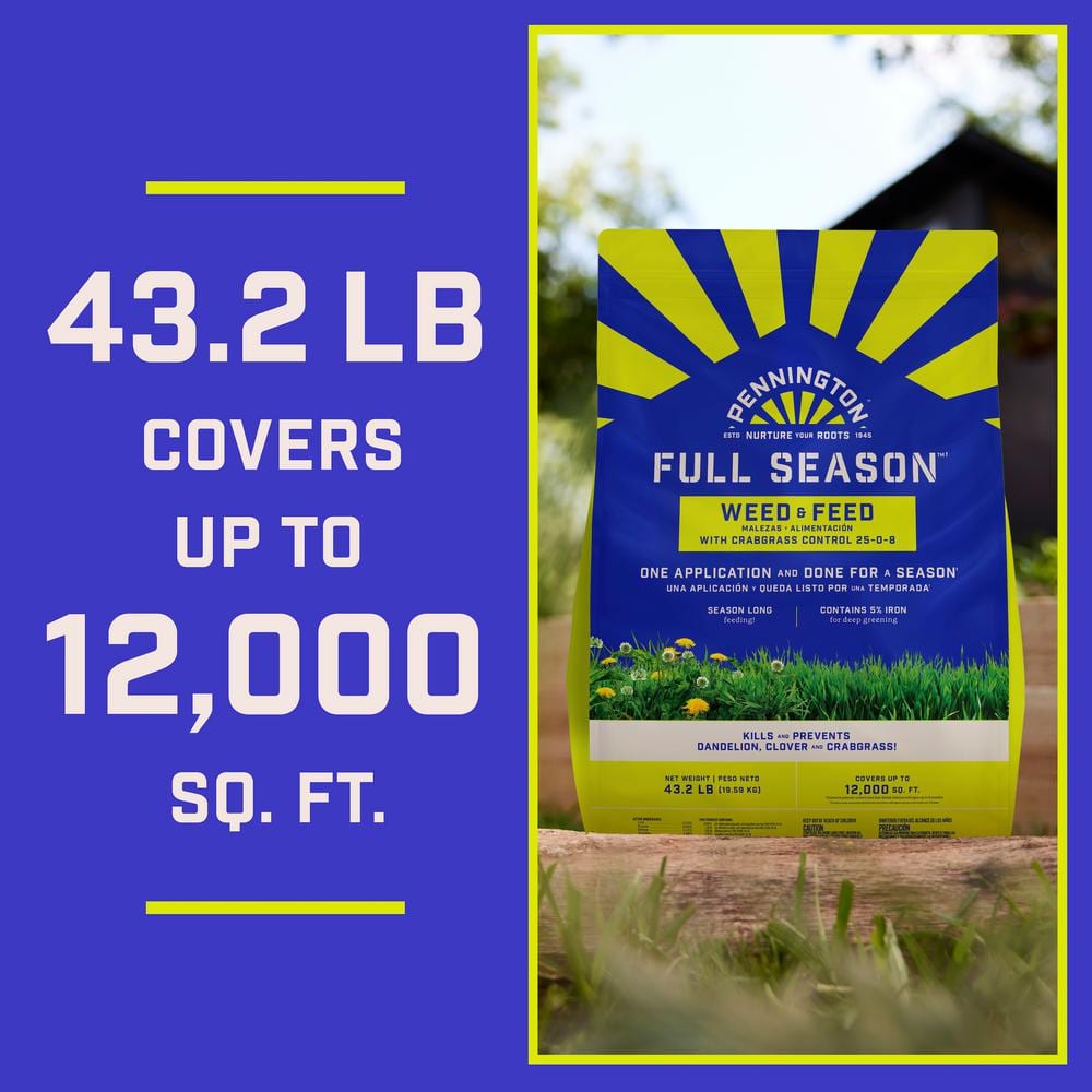43.2 lbs. 12,000 sq. ft. Full Season Weed and Feed Lawn Fertilizer Granules Plus Crabgrass Control 25-0-8 - Hercitys