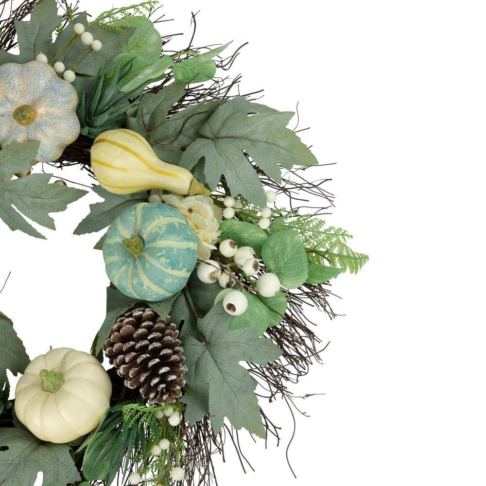 22 in. Green and White Unlit Pumpkins and Berries Fall Harvest Artificial Wreath - Hercitys