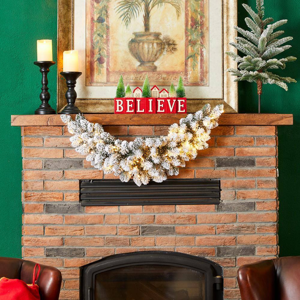 3 ft. L Pre-Lit Snow Flocked Christmas Swag, with 50 Warm White LED Lights, Three Function - Hercitys