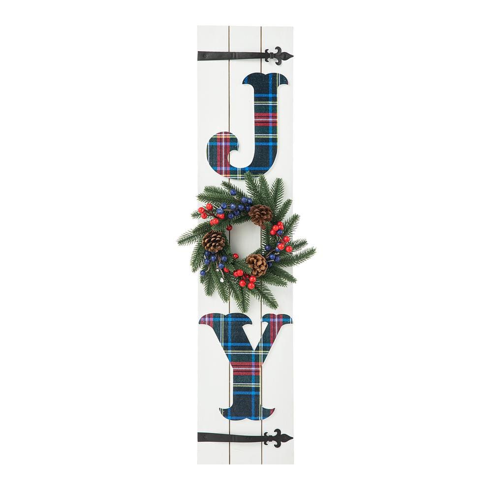 36 in. H Wood Plaid “JOY” Porch Decor w/Wreath - Hercitys